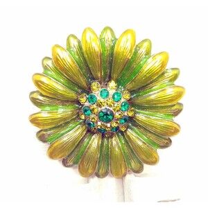 Monet Green Enamel Rhinestone Flower Brooch Pin VINTAGE